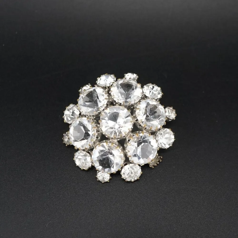 Vintage Clear Rhinestone Dome Cluster Brooch Silver Tone Pin Statement Retro MCM